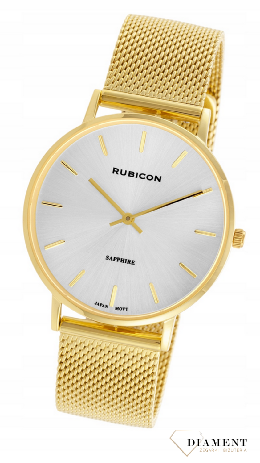 Zegarek damski Rubicon złoto-srebrny z szafirowym szkłem RNBD76. Zegarek damski na bransolecie. Zegarek damski Rubicon z indeksami. Zegarek damski biżuteryjny Rubicon. Elegancki zegarek w złotym kolorze na prezent..png